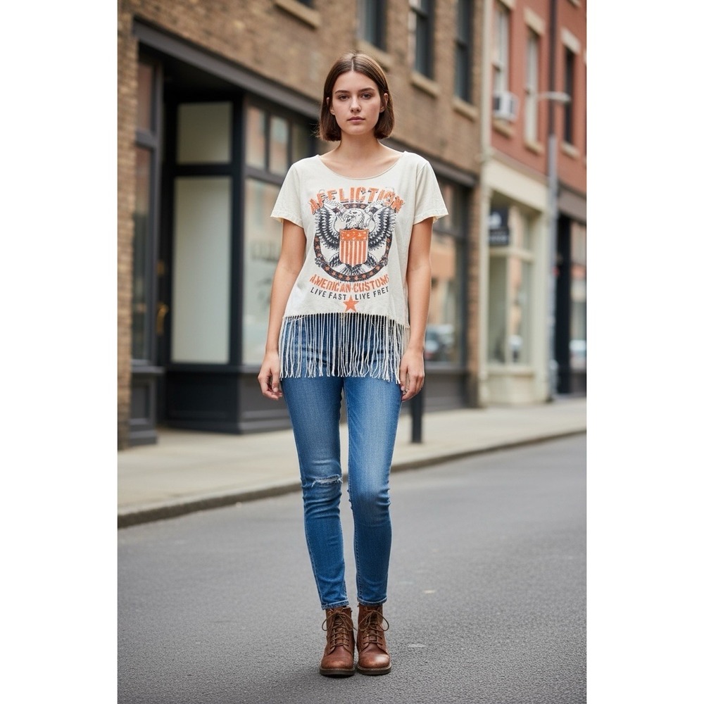Affliction American Customs Upcycled Fringe T Shirt Rhinestone Women's M